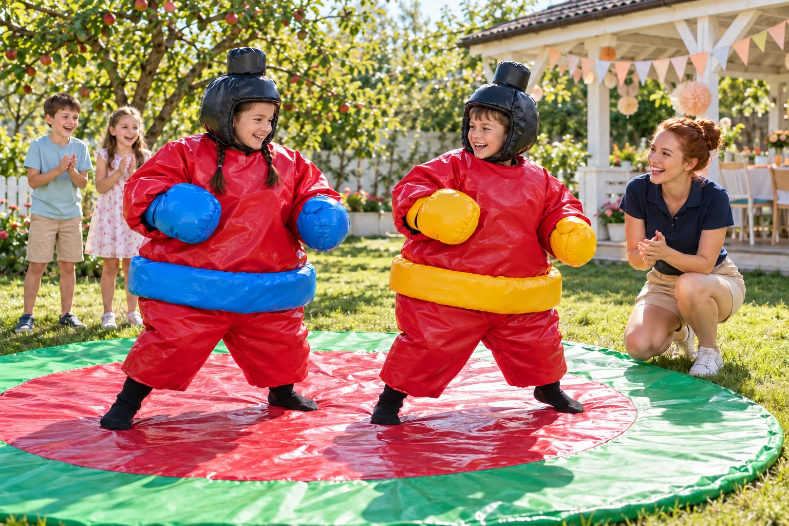 Copii în costume sumo roșii cu centuri albastre și galbene și protecții negre, pe salteaua rotundă roșie cu margine verde, alături de animator.