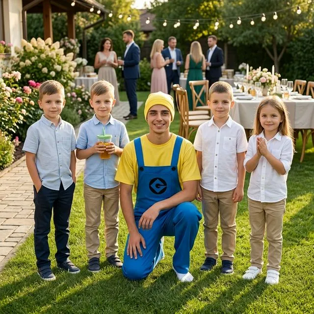 Animator cu tricou galben, salopetă albastră, căciulă și ochelari Minion.