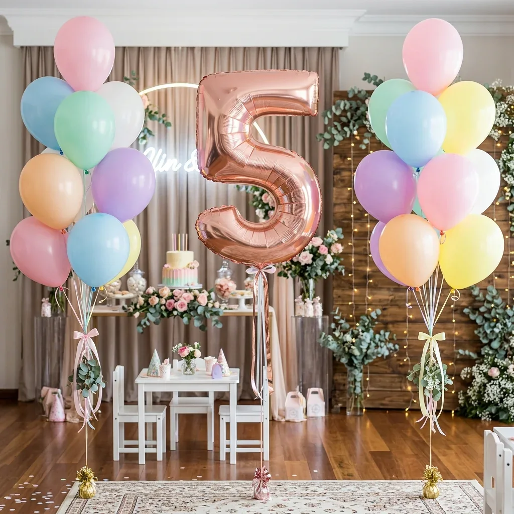 Cifra mare 5 din folie roz, între două buchete pastel de baloane pe panglici, într-un salon.