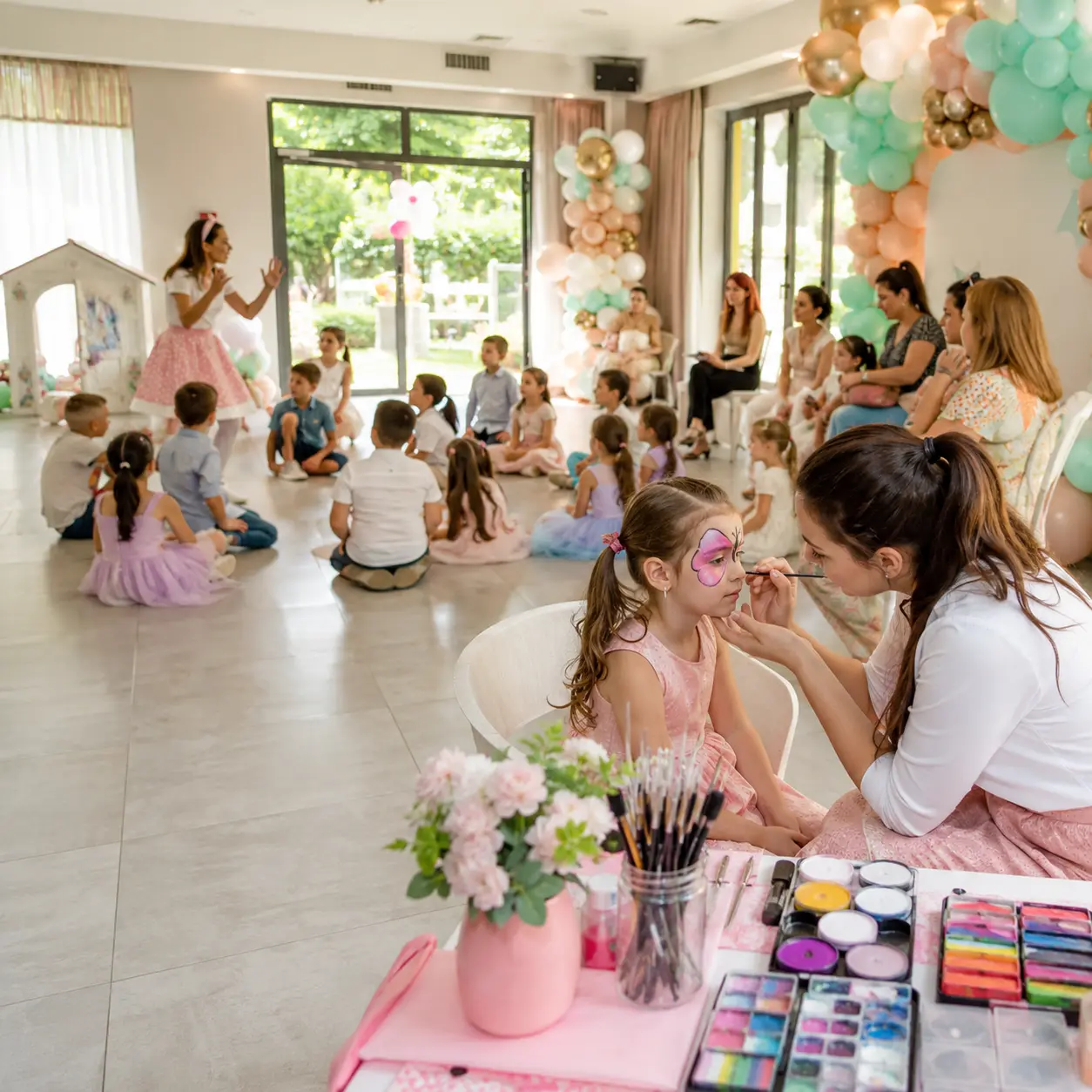 Masă de pictură pe față într-un salon, cu copii și persoane adulte în jur.